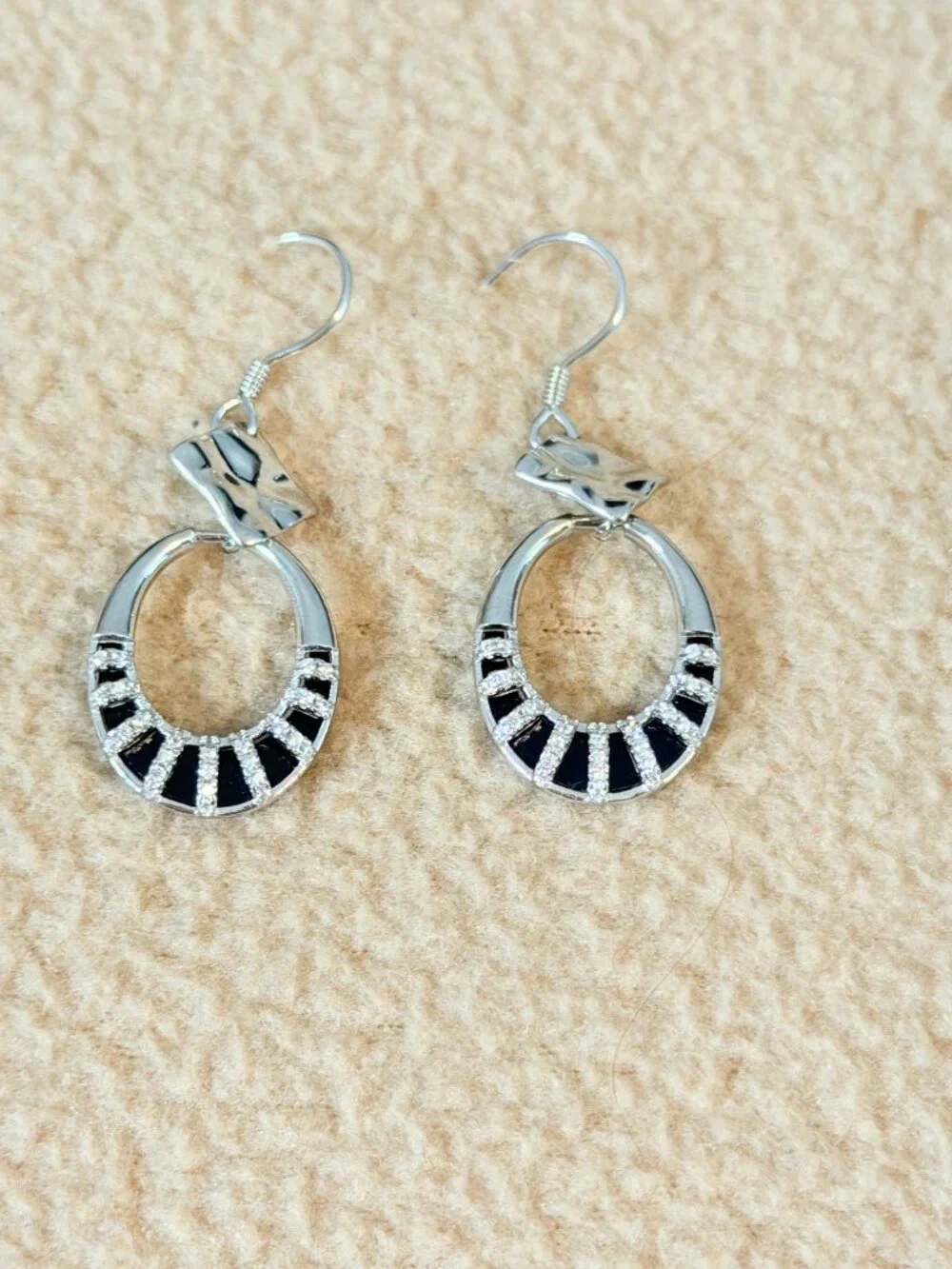 Silver Ethnic Oval Hoop Dangle Earrings Black Accent Mother's Day Gift